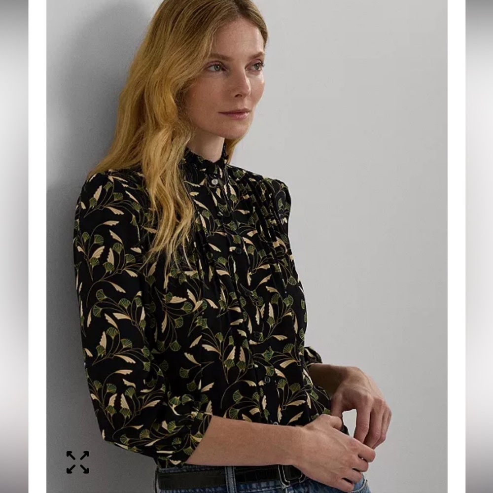 Ralph Lauren Gorgette Blouson-Sleeve Ginko Leaf Print Blouse - Picture 3 of 12